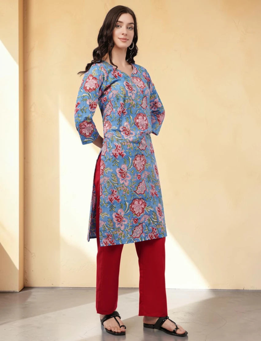 Cotton Floral Kurta, 3/4 Sleeve, Blue with Pink Flowers