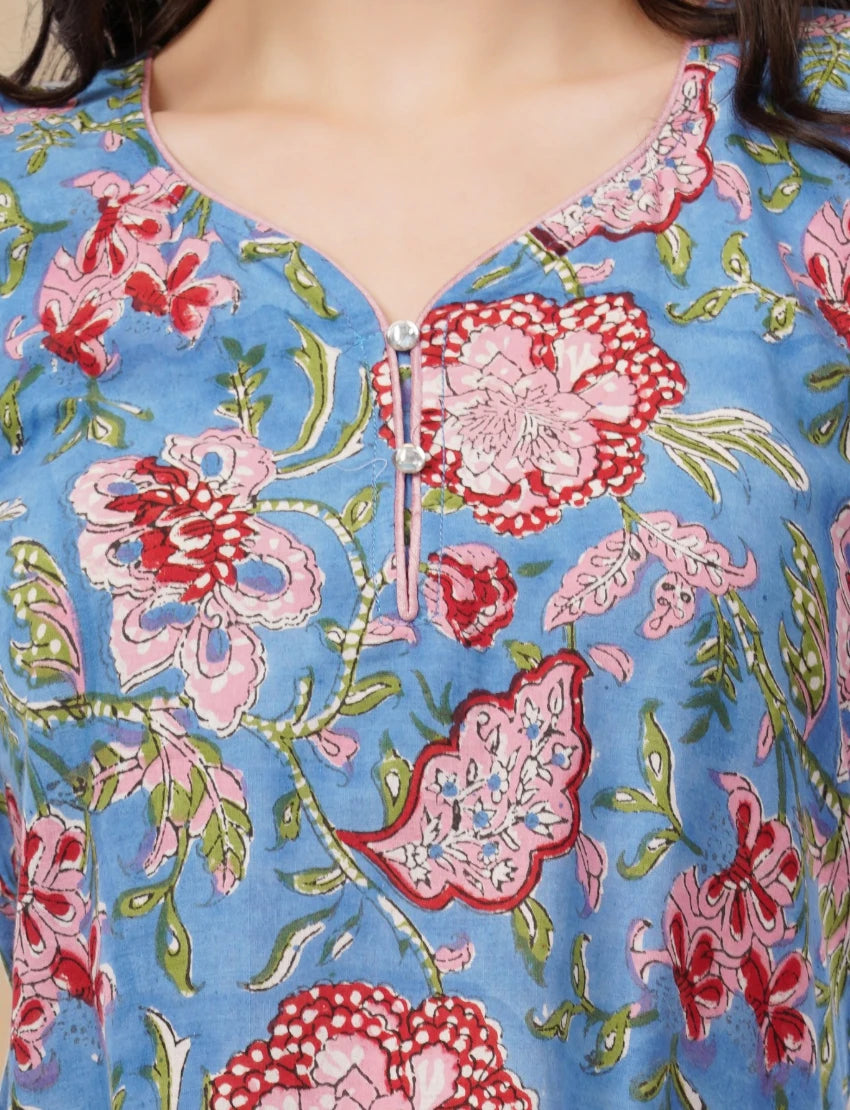 Cotton Floral Kurta, 3/4 Sleeve, Blue with Pink Flowers