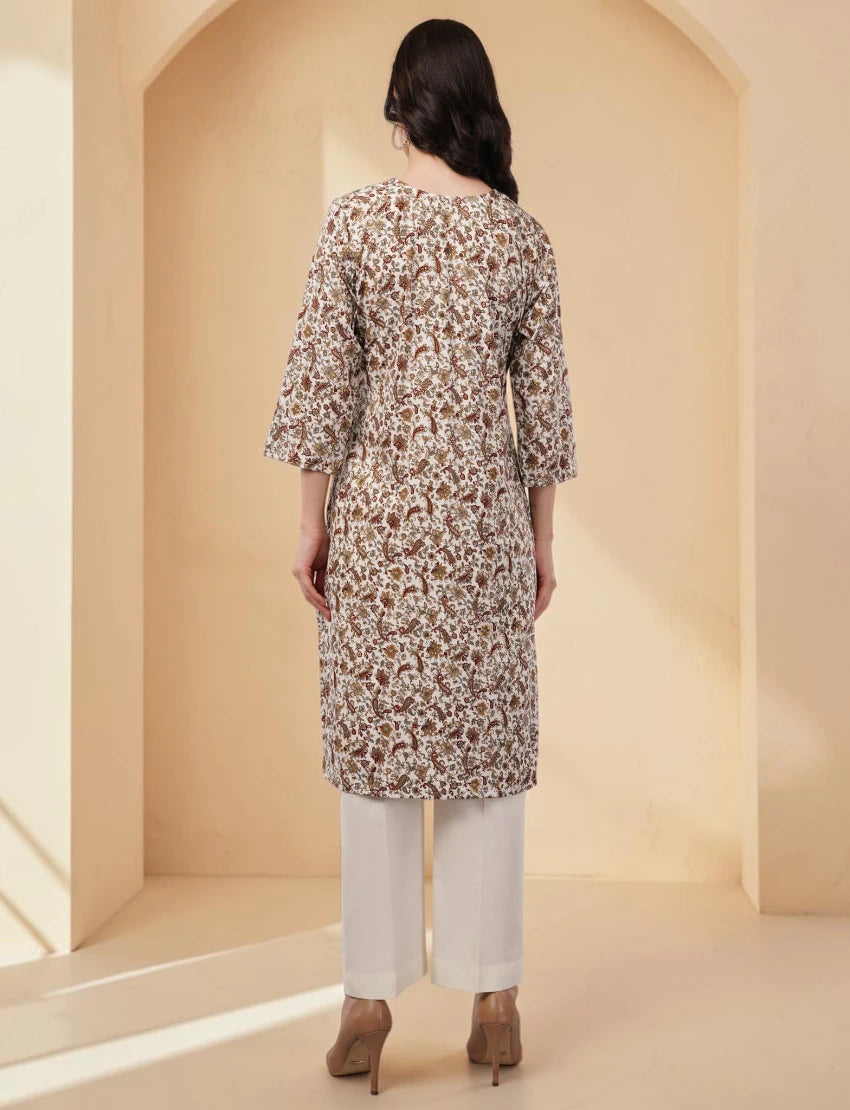 Floral Paisley Print Crepe Kurta, 3/4 Sleeve, Brown and White