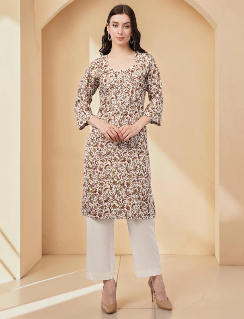 Floral Paisley Print Crepe Kurta, 3/4 Sleeve, Brown and White