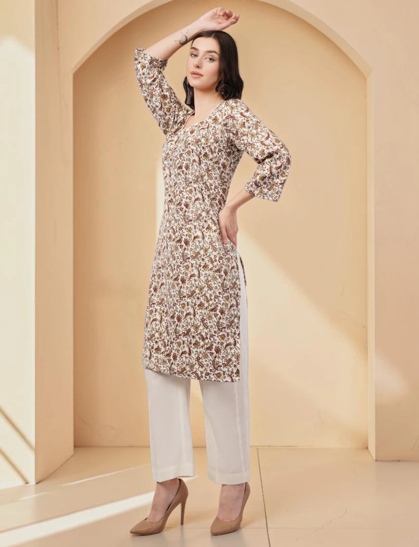 Floral Paisley Print Crepe Kurta, 3/4 Sleeve, Brown and White