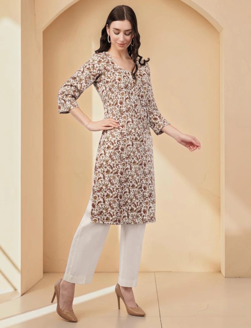 Floral Paisley Print Crepe Kurta, 3/4 Sleeve, Brown and White