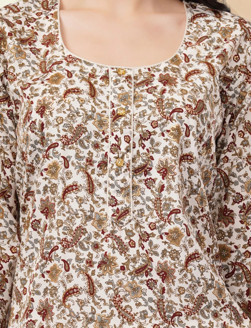 Floral Paisley Print Crepe Kurta, 3/4 Sleeve, Brown and White