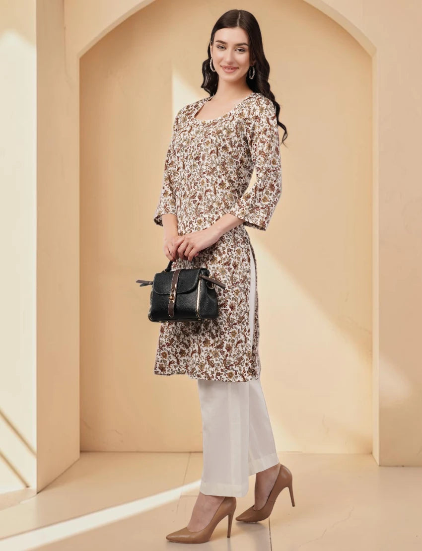 Floral Paisley Print Crepe Kurta, 3/4 Sleeve, Brown and White