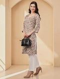 Floral Paisley Print Crepe Kurta, 3/4 Sleeve, Brown and White