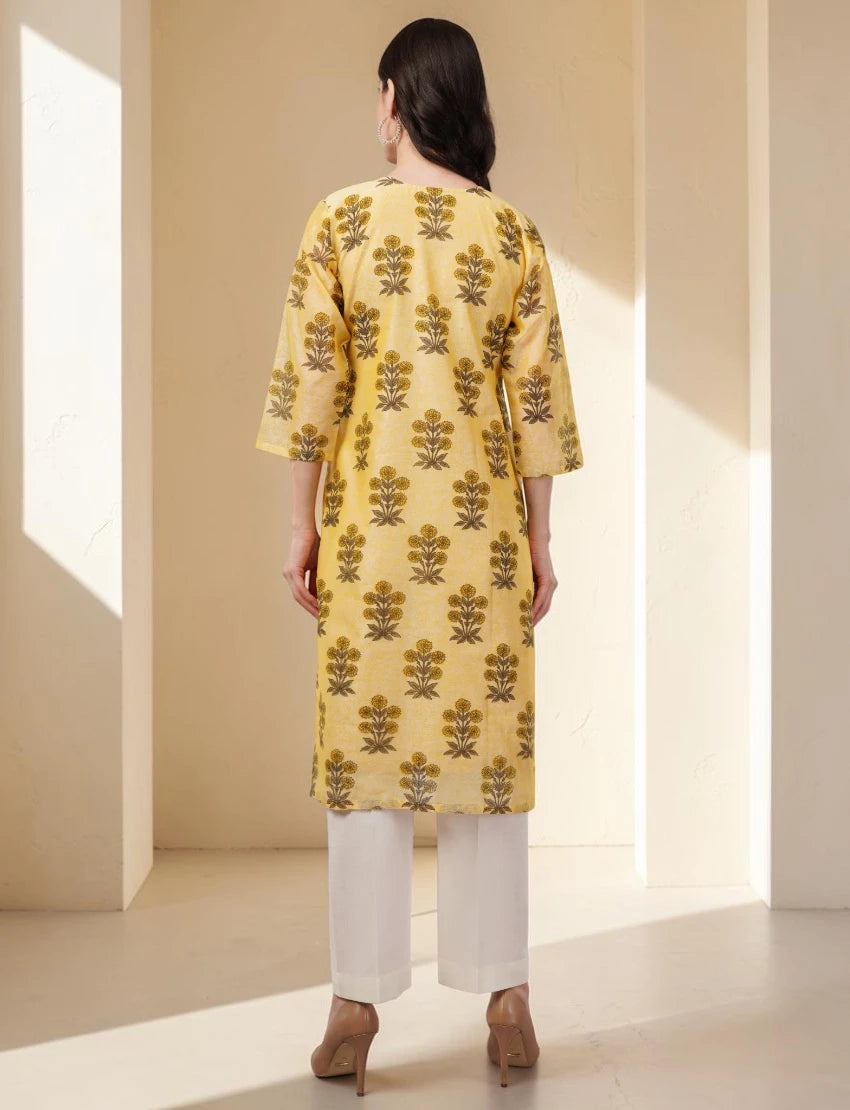 Floral Print Chanderi Kurta, 3/4 Sleeve, Yellow