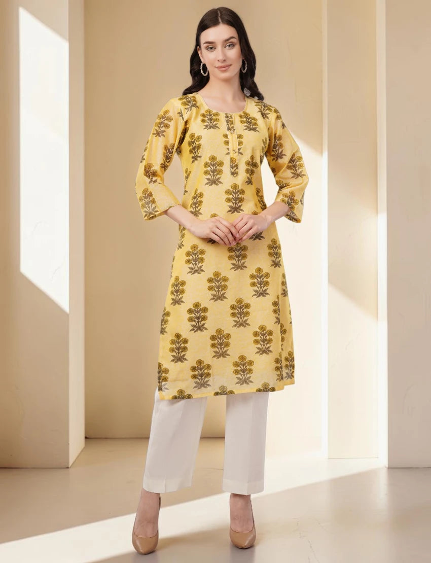 Floral Print Chanderi Kurta, 3/4 Sleeve, Yellow