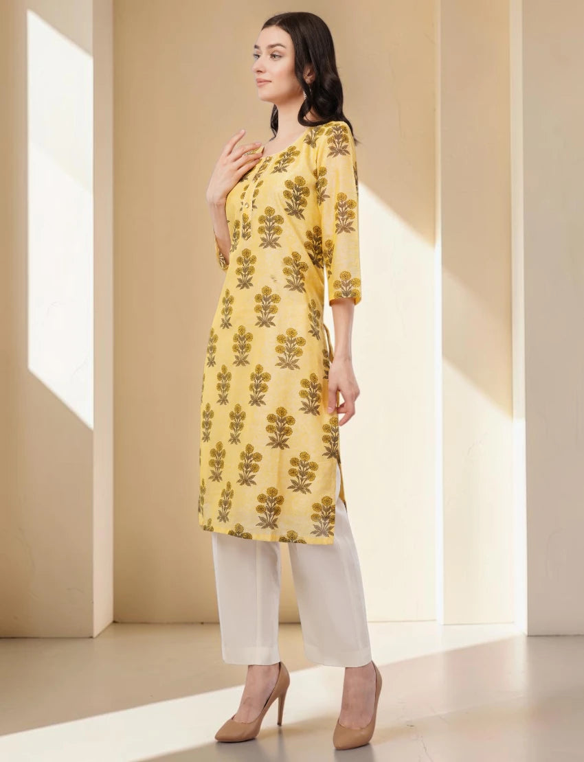 Floral Print Chanderi Kurta, 3/4 Sleeve, Yellow