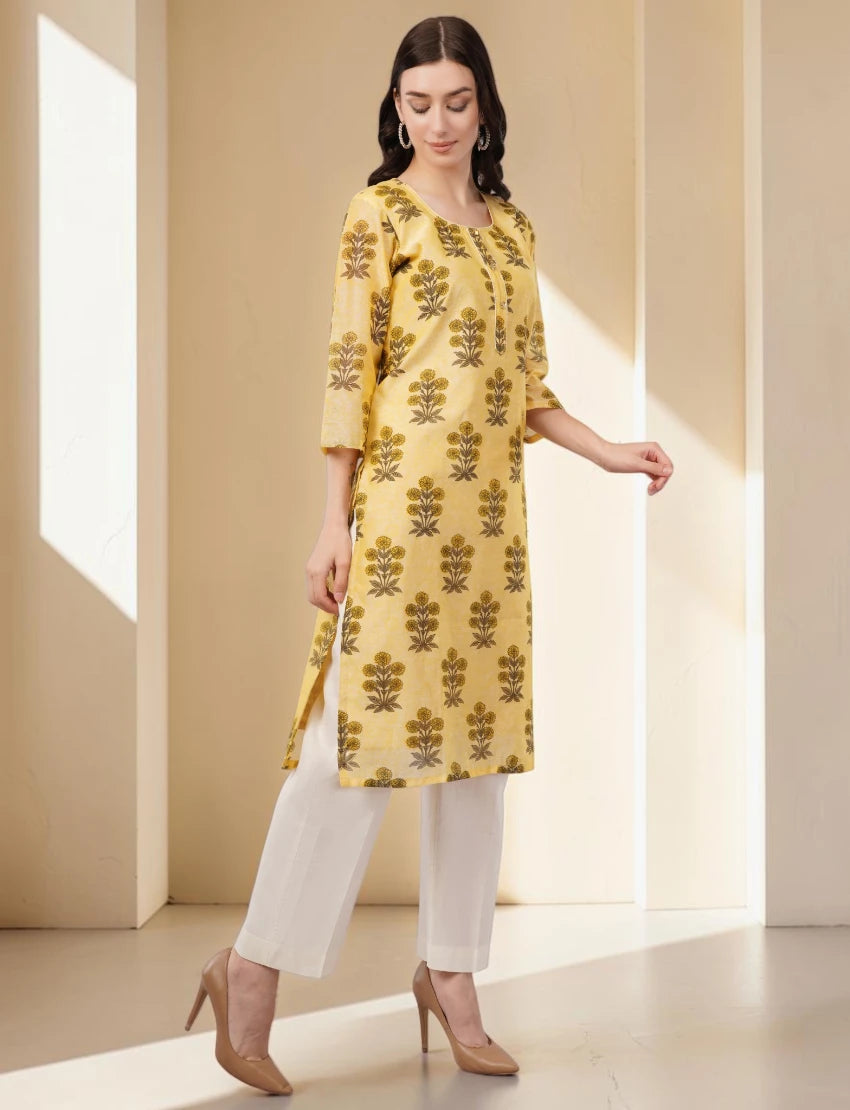 Floral Print Chanderi Kurta, 3/4 Sleeve, Yellow