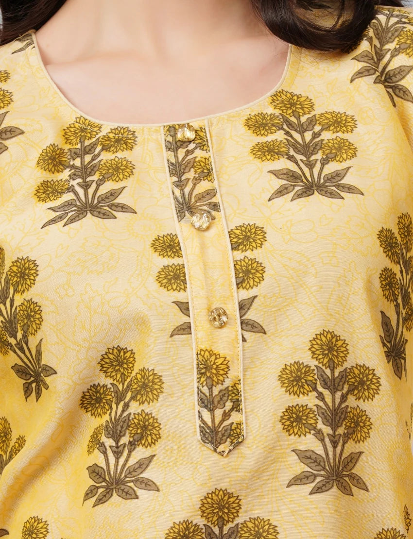 Floral Print Chanderi Kurta, 3/4 Sleeve, Yellow