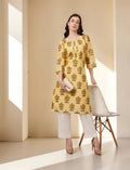 Floral Print Chanderi Kurta, 3/4 Sleeve, Yellow