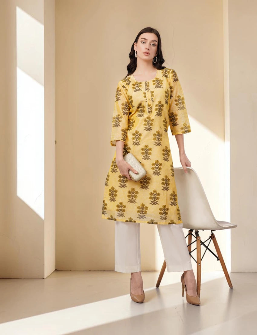 Floral Print Chanderi Kurta, 3/4 Sleeve, Yellow