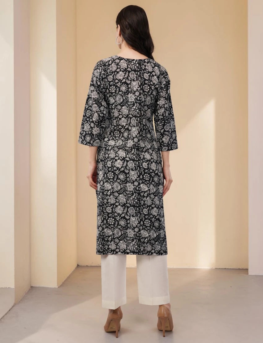 Elegant Floral Cotton Kurta, 3/4 Sleeve, Black and White