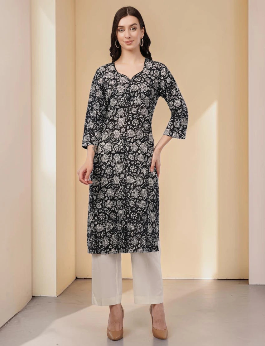 Elegant Floral Cotton Kurta, 3/4 Sleeve, Black and White