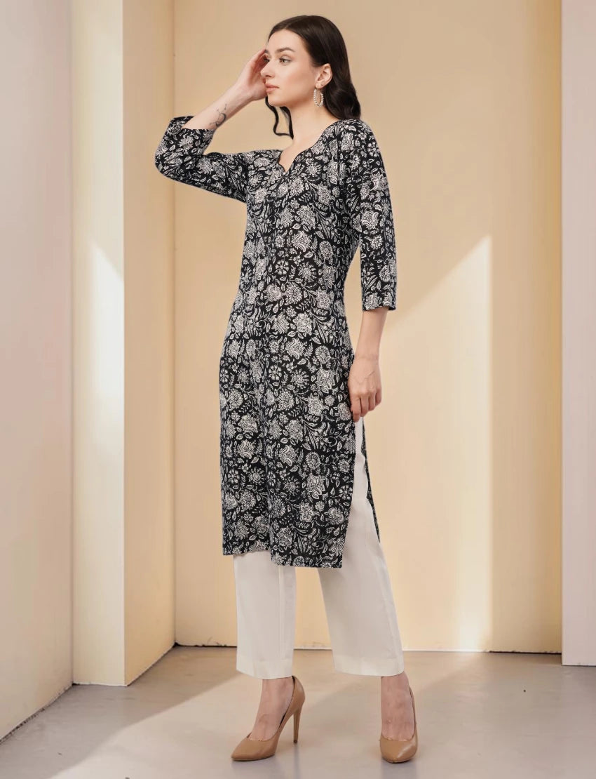 Elegant Floral Cotton Kurta, 3/4 Sleeve, Black and White