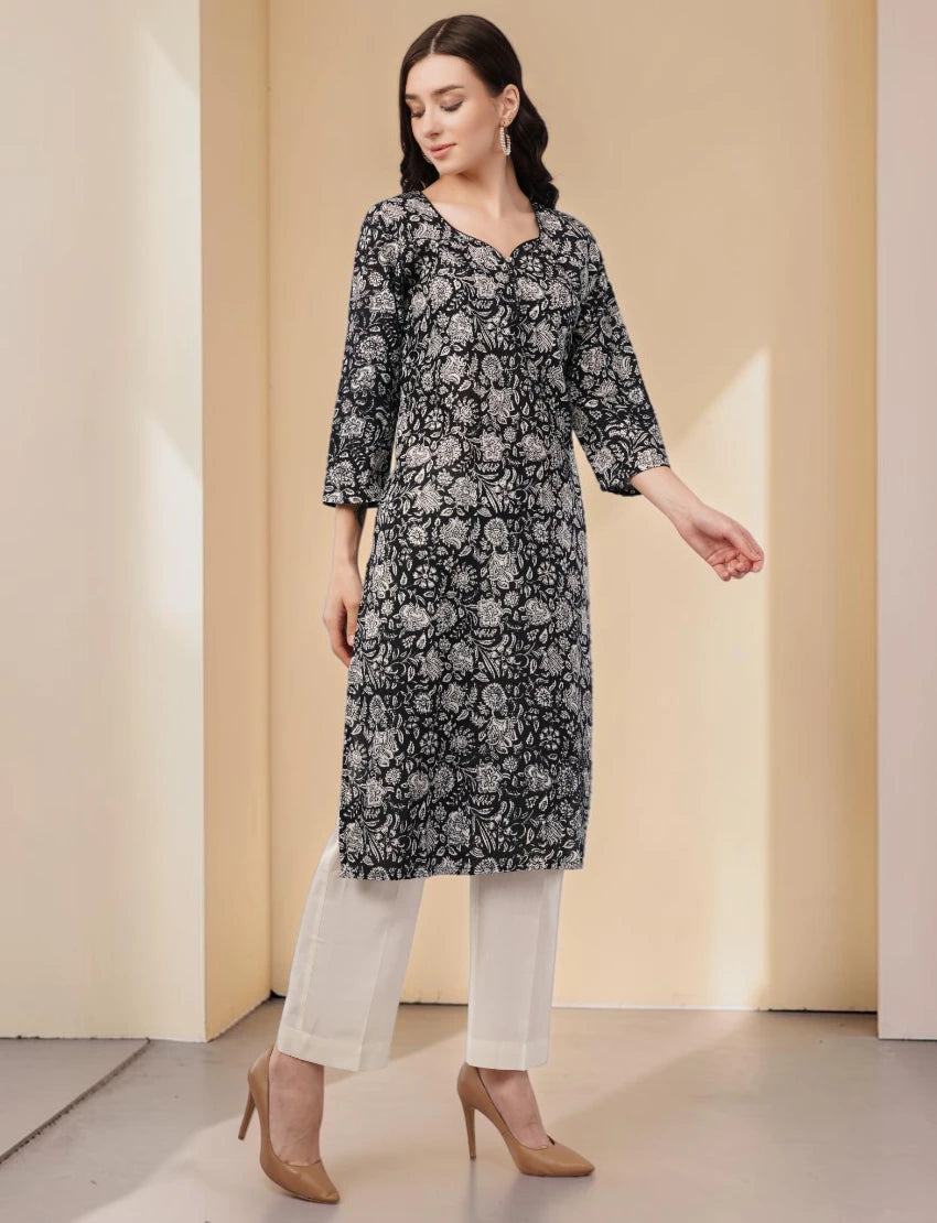 Elegant Floral Cotton Kurta, 3/4 Sleeve, Black and White