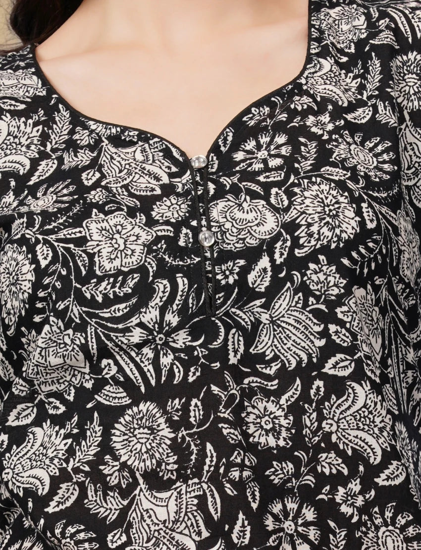 Elegant Floral Cotton Kurta, 3/4 Sleeve, Black and White