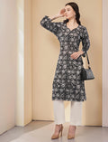 Elegant Floral Cotton Kurta, 3/4 Sleeve, Black and White