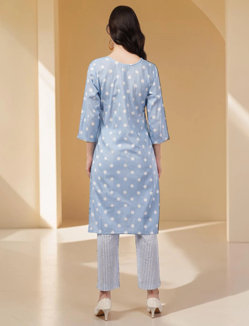 Polka Dot Cotton Salwar Suit Set with Striped Palazzo, 3/4 sleeves, Light Blue and White