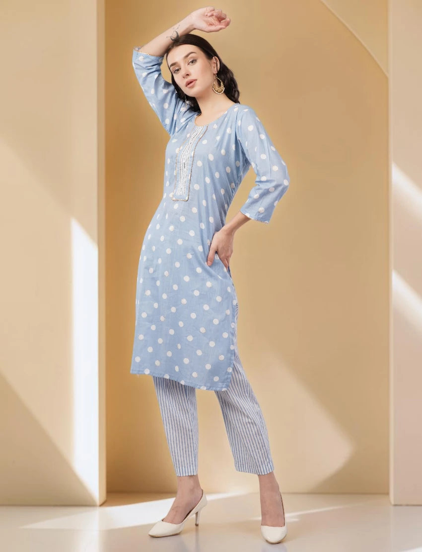 Polka Dot Cotton Salwar Suit Set with Striped Palazzo, 3/4 sleeves, Light Blue and White