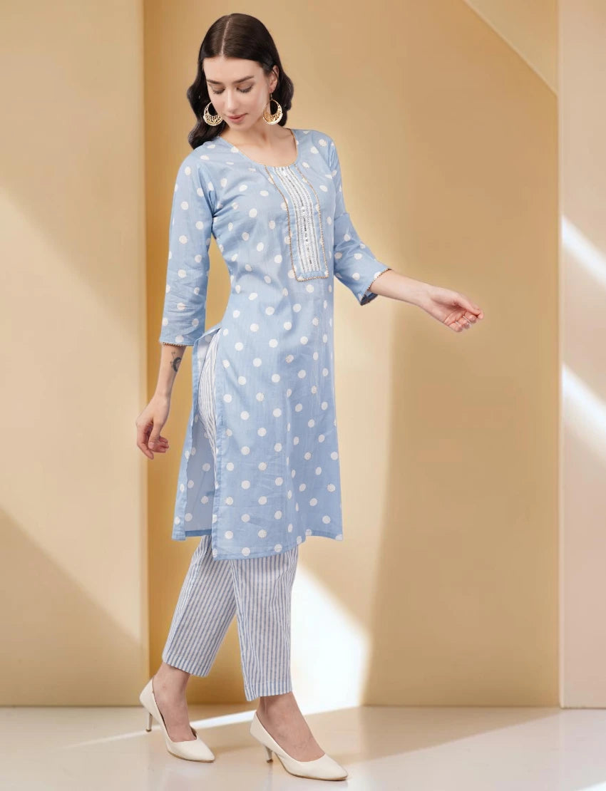 Polka Dot Cotton Salwar Suit Set with Striped Palazzo, 3/4 sleeves, Light Blue and White