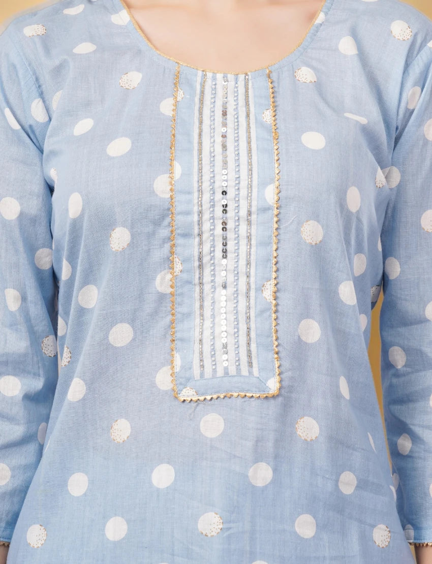 Polka Dot Cotton Salwar Suit Set with Striped Palazzo, 3/4 sleeves, Light Blue and White