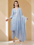 Polka Dot Cotton Salwar Suit Set with Striped Palazzo, 3/4 sleeves, Light Blue and White