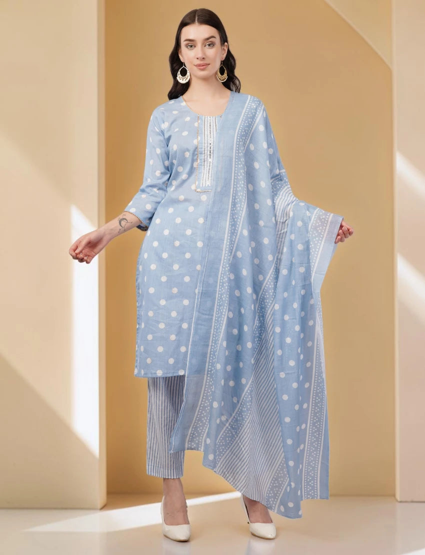 Polka Dot Cotton Salwar Suit Set with Striped Palazzo, 3/4 sleeves, Light Blue and White