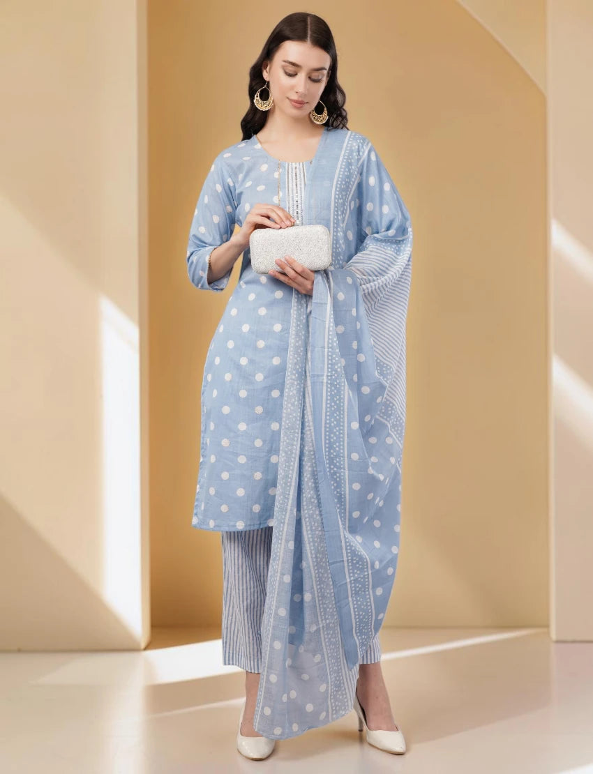 Polka Dot Cotton Salwar Suit Set with Striped Palazzo, 3/4 sleeves, Light Blue and White