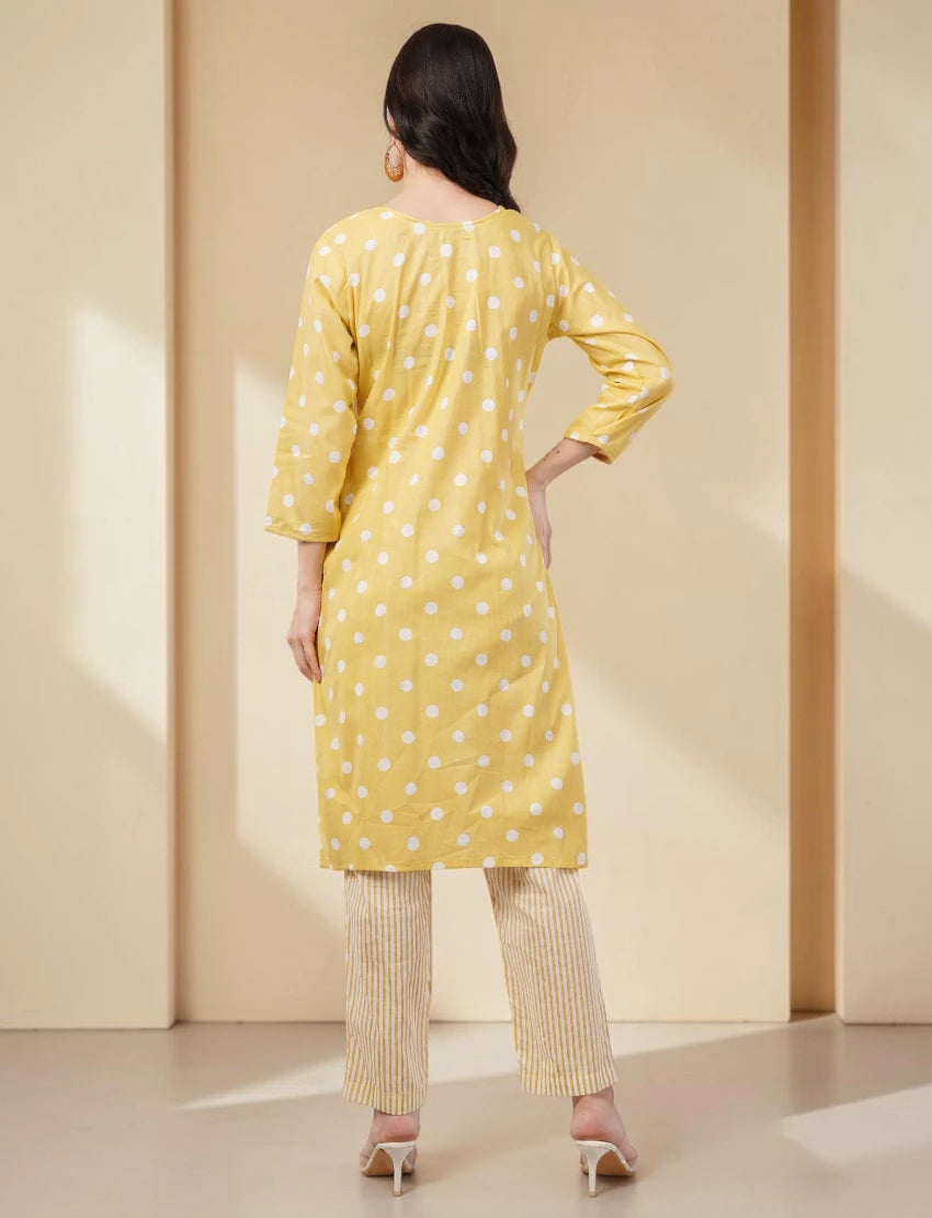 Cotton Polka Dot Salwar Suit Set, Yellow and White, 3/4 Sleeves, Embellished Yoke