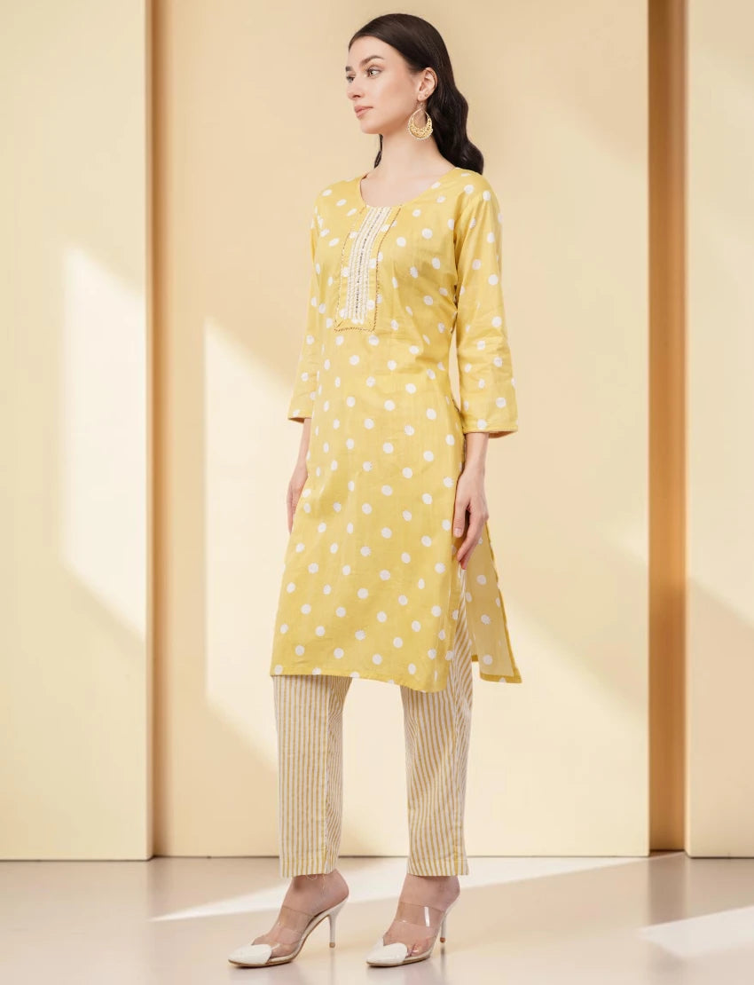 Cotton Polka Dot Salwar Suit Set, Yellow and White, 3/4 Sleeves, Embellished Yoke