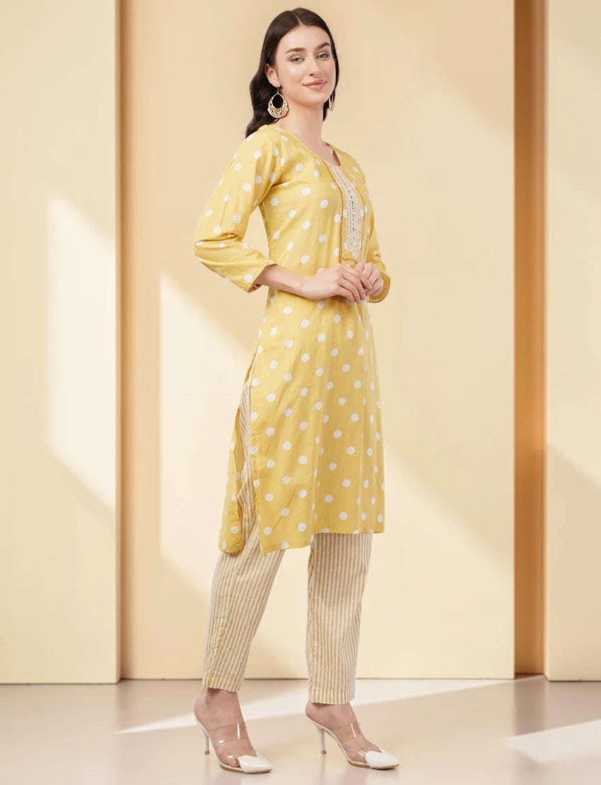 Cotton Polka Dot Salwar Suit Set, Yellow and White, 3/4 Sleeves, Embellished Yoke
