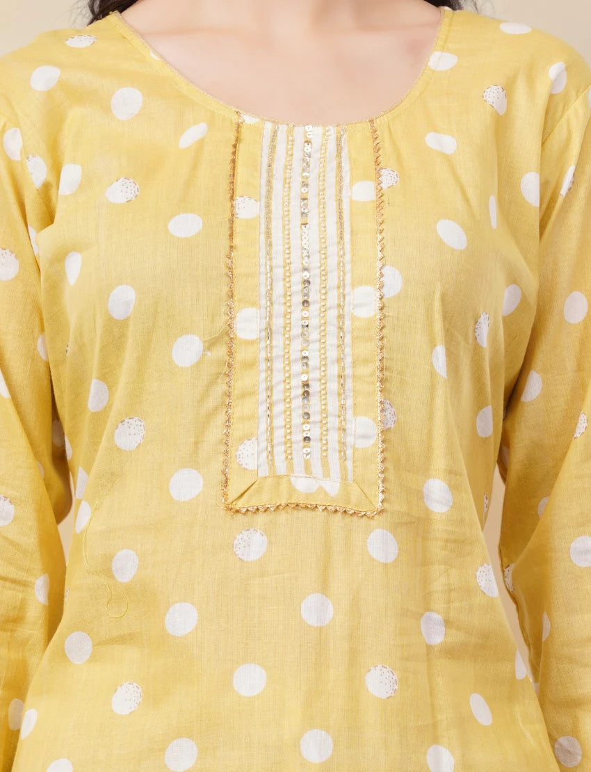 Cotton Polka Dot Salwar Suit Set, Yellow and White, 3/4 Sleeves, Embellished Yoke