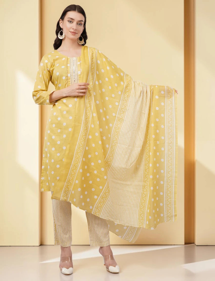 Cotton Polka Dot Salwar Suit Set, Yellow and White, 3/4 Sleeves, Embellished Yoke