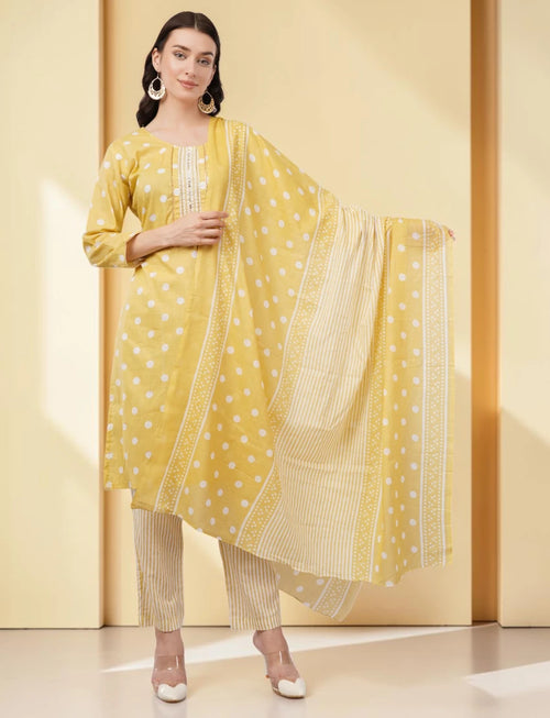 Cotton Polka Dot Salwar Suit Set, Yellow and White, 3/4 Sleeves, Embellished Yoke