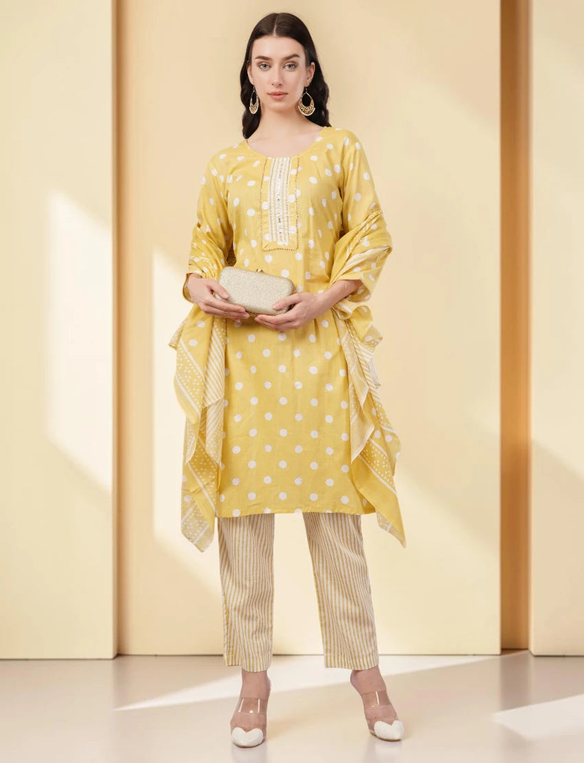 Cotton Polka Dot Salwar Suit Set, Yellow and White, 3/4 Sleeves, Embellished Yoke