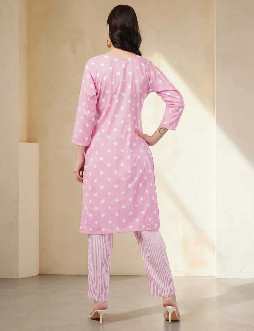 Pink Polka Dot Cotton Salwar Suit Set, 3/4 Sleeves, Striped Pants with Dupatta