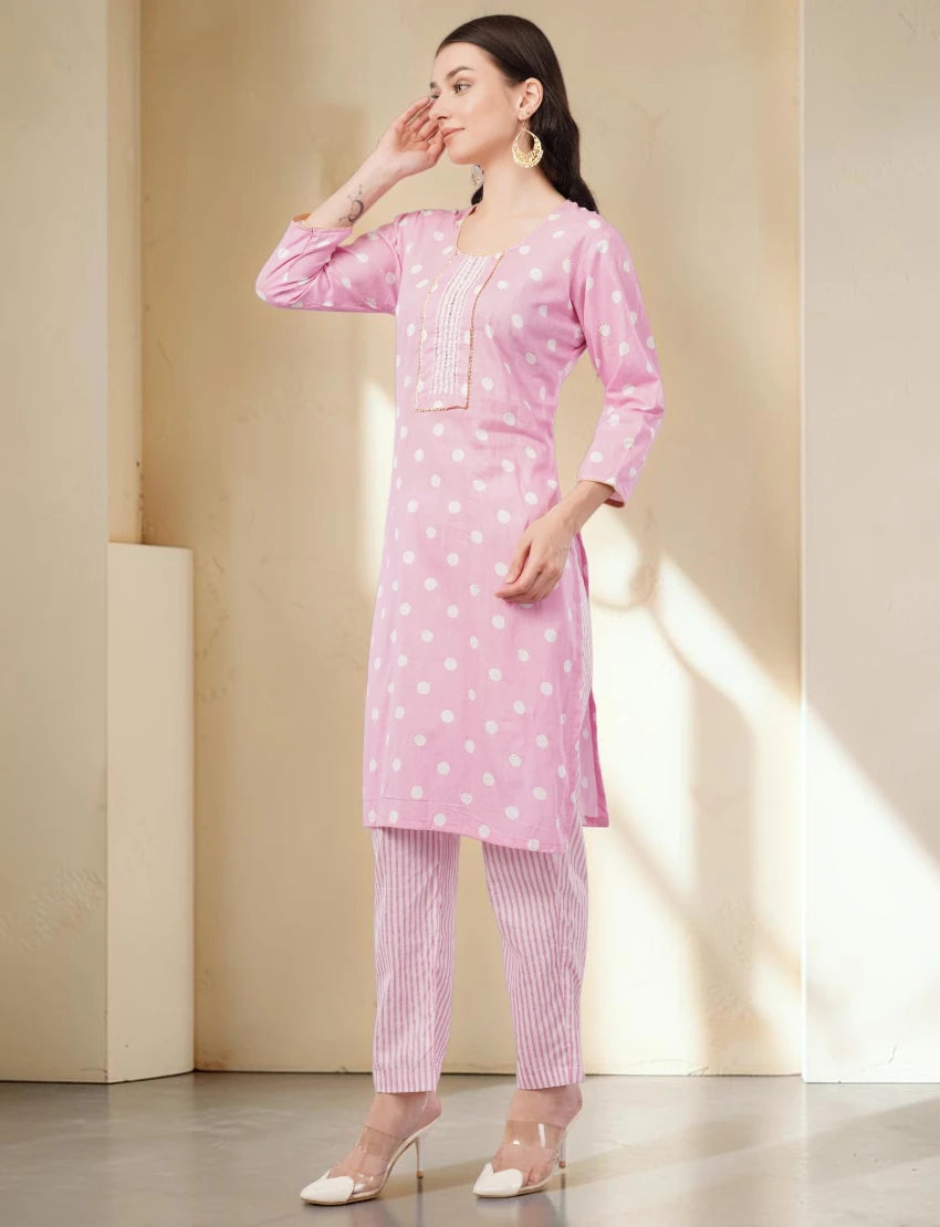 Pink Polka Dot Cotton Salwar Suit Set, 3/4 Sleeves, Striped Pants with Dupatta