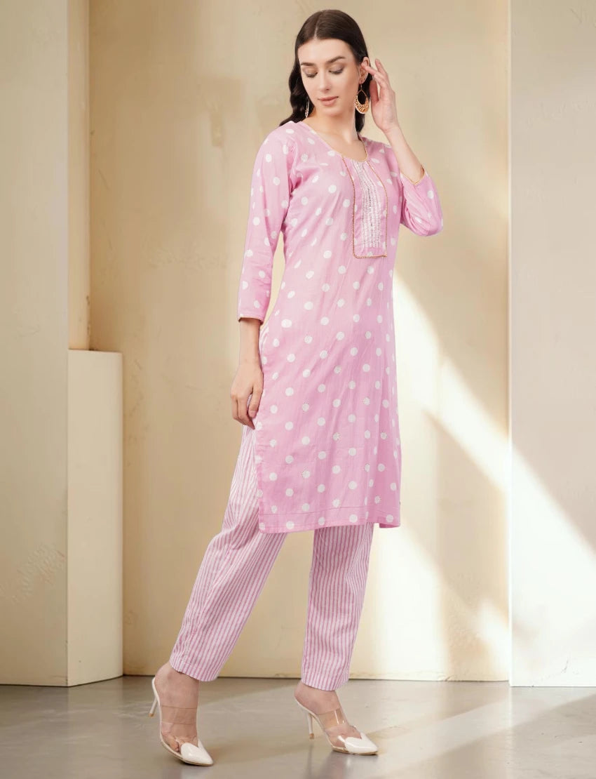 Pink Polka Dot Cotton Salwar Suit Set, 3/4 Sleeves, Striped Pants with Dupatta