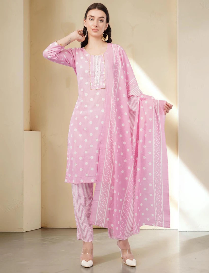 Pink Polka Dot Cotton Salwar Suit Set, 3/4 Sleeves, Striped Pants with Dupatta