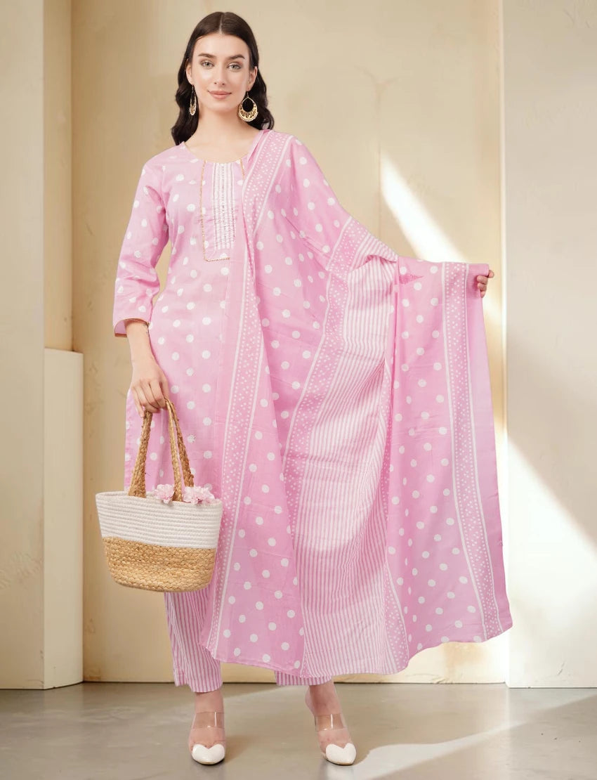 Pink Polka Dot Cotton Salwar Suit Set, 3/4 Sleeves, Striped Pants with Dupatta