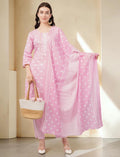 Pink Polka Dot Cotton Salwar Suit Set, 3/4 Sleeves, Striped Pants with Dupatta