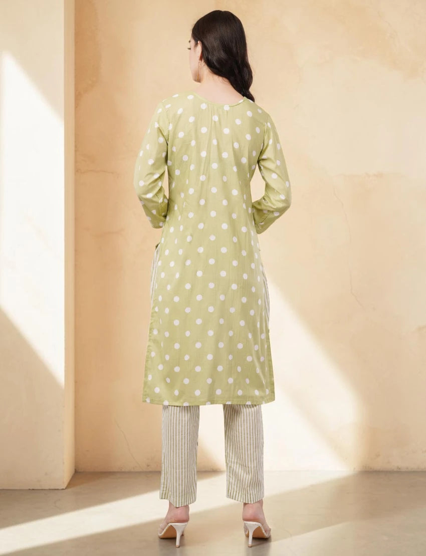 Cotton Polka Dot Salwar Suit Set, 3/4 Sleeves with Striped Pants and Dupatta, Light Green