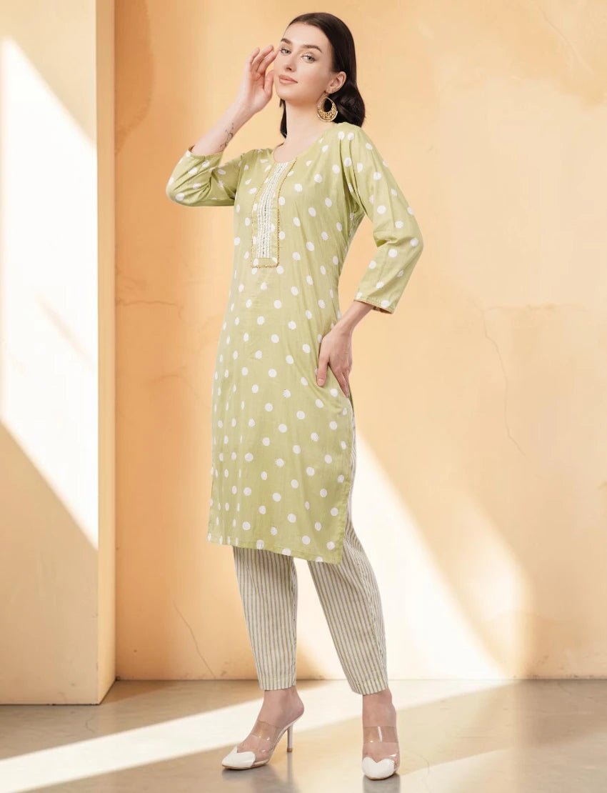 Cotton Polka Dot Salwar Suit Set, 3/4 Sleeves with Striped Pants and Dupatta, Light Green