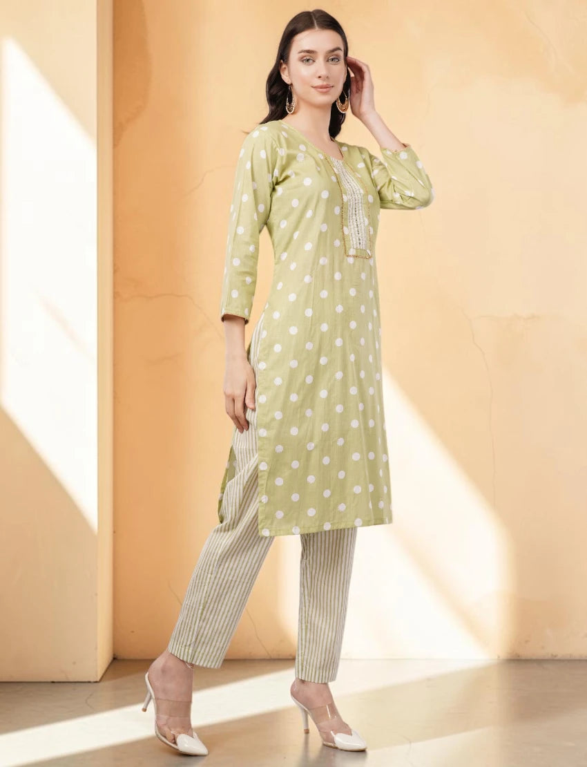 Cotton Polka Dot Salwar Suit Set, 3/4 Sleeves with Striped Pants and Dupatta, Light Green