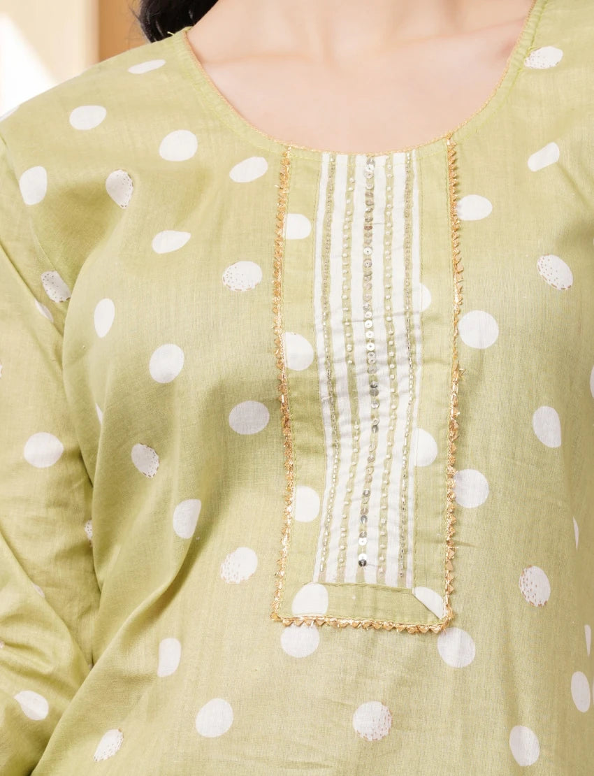 Cotton Polka Dot Salwar Suit Set, 3/4 Sleeves with Striped Pants and Dupatta, Light Green