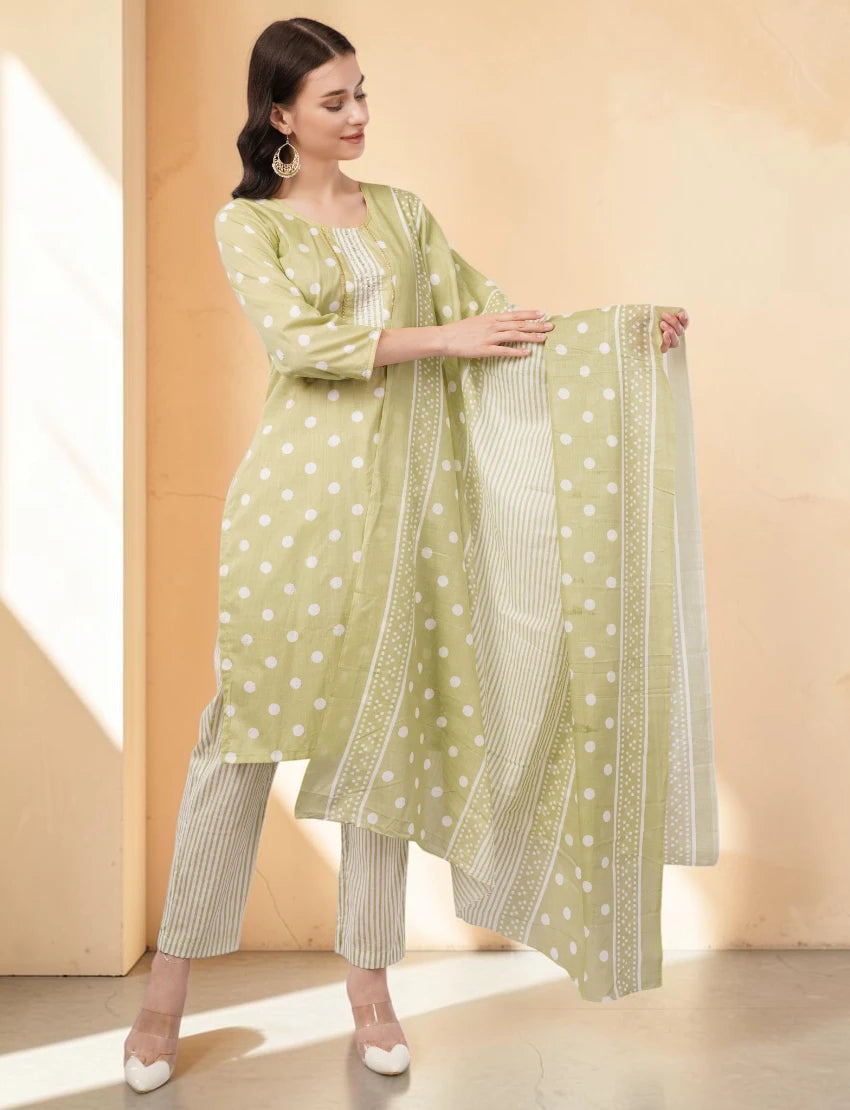 Cotton Polka Dot Salwar Suit Set, 3/4 Sleeves with Striped Pants and Dupatta, Light Green