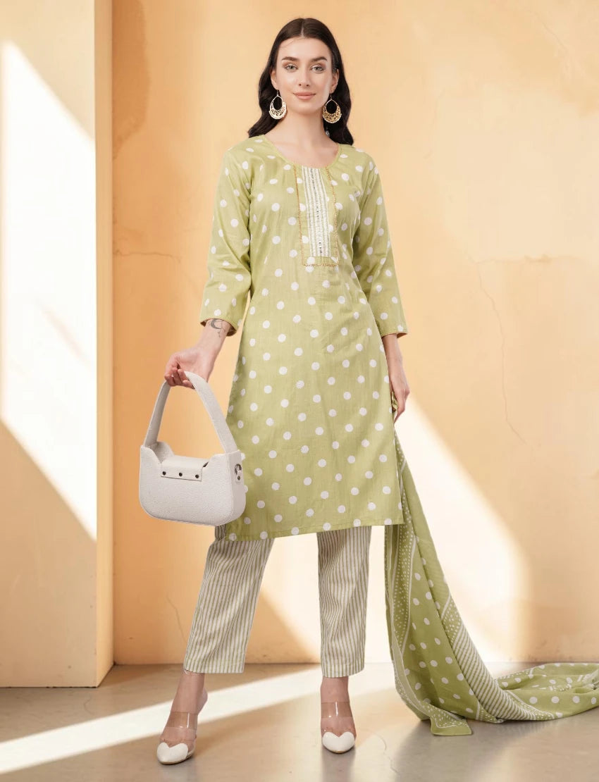 Cotton Polka Dot Salwar Suit Set, 3/4 Sleeves with Striped Pants and Dupatta, Light Green
