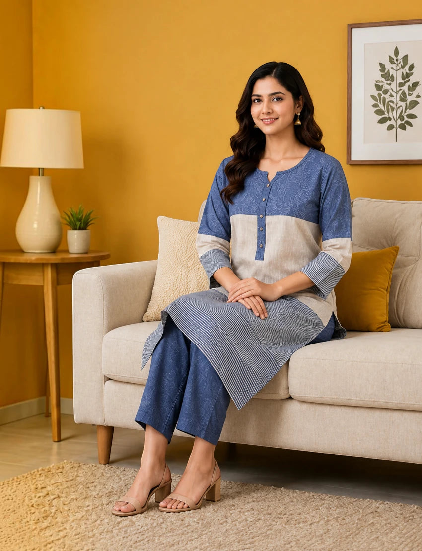 Multicolor Khadi Straight Salwar Suit Set