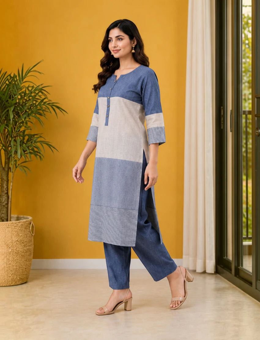 Multicolor Khadi Straight Salwar Suit Set